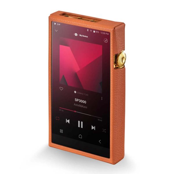 A froont shot ot the Astell&Kern A&ultima SP3000 24K Gold Limited Edition inside a leather protective case