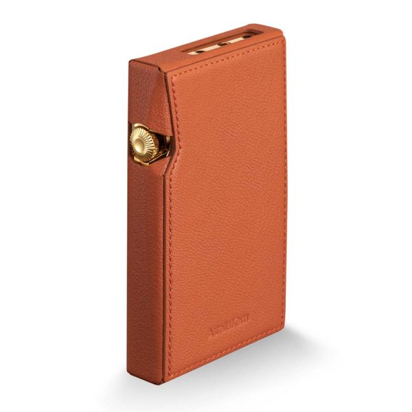 The Astell&Kern A&ultima SP3000 24K Gold Limited Edition placed inside a leather protective case