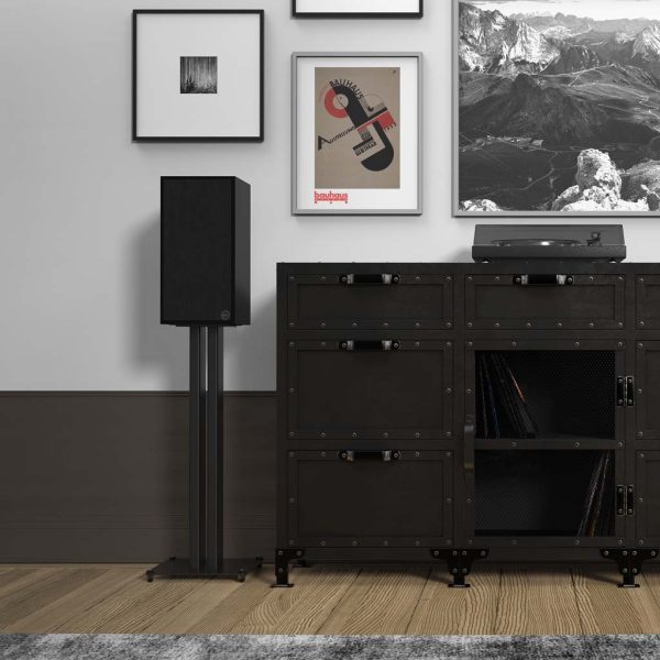 KS-24 Speaker Stand placed in a living room with a bookshelf speaker on top of it and a turntable beside it