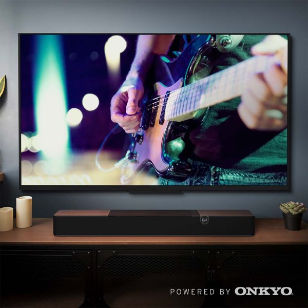 Klipsch Flexus Core 100 compact Dolby Atmos Soundbar front view setup with a home television